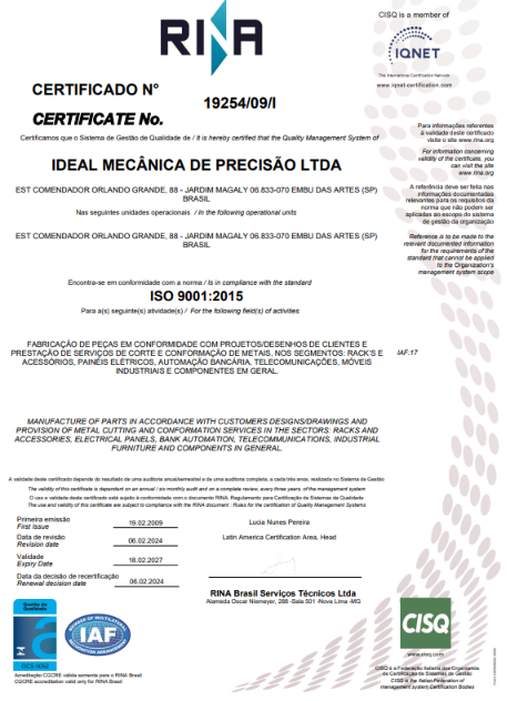 Certificado ISO 9001:2015 - Ideal Mecânica